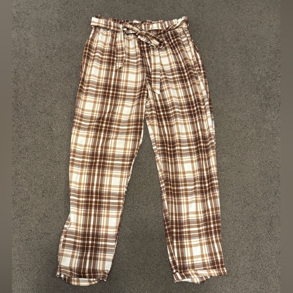 Women’s Plaid Brown and White Jogger Tie Waist Pants Cropped Length: XL